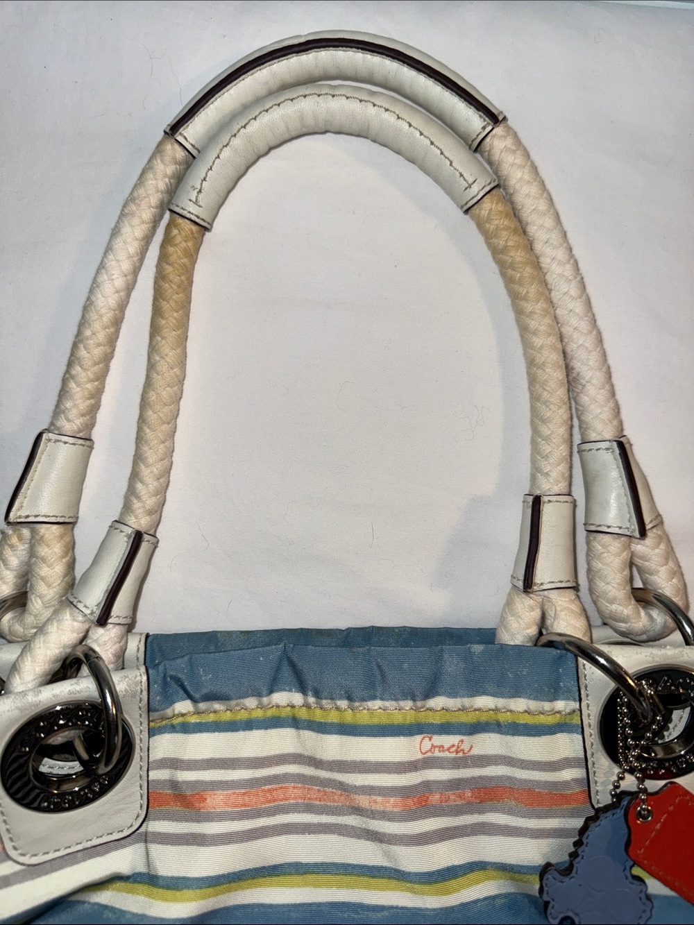 Coach Nautical Beach Multi Stripe E/ W Tote Bag Purse w/ Seahorse Charm - Picture 3 of 8